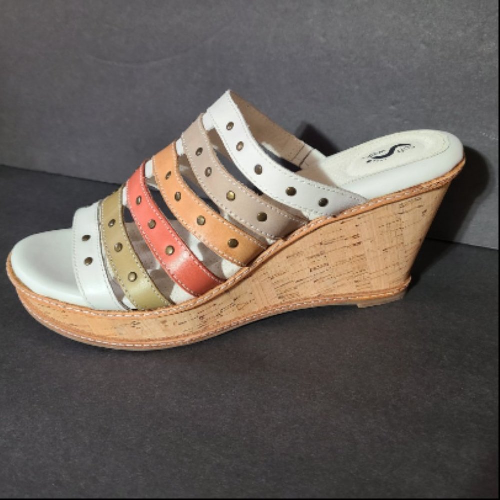 Soft Walk Women Leather Studded Cork Wrapped Wedge Sandal White Color Multi 12 M